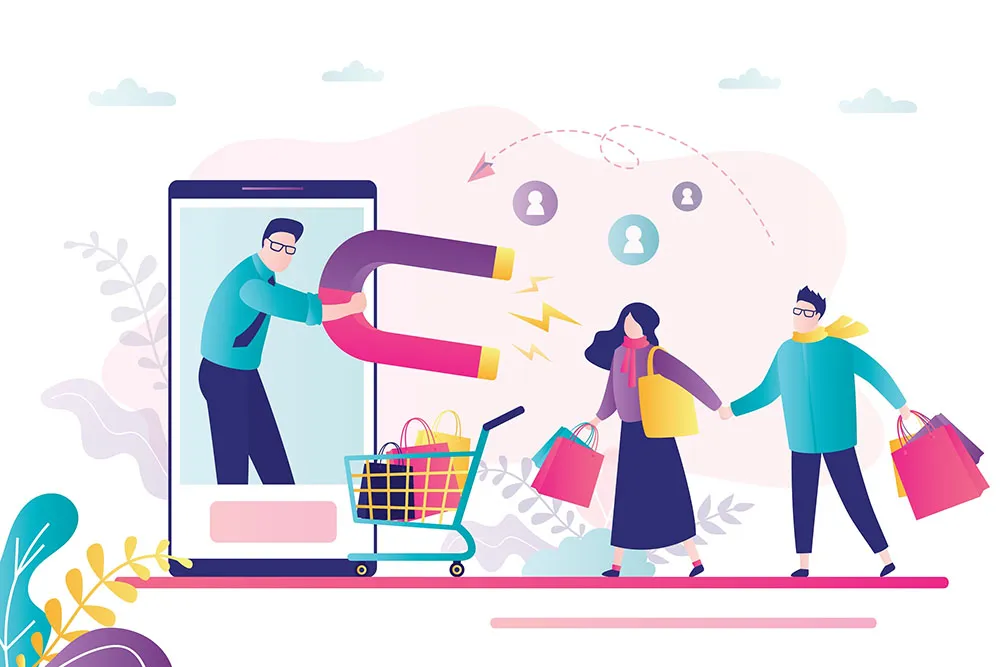 Technology of customers retention. Social media marketing. Businessman use magnet and attracts consumers. Funny smm specialist. Clients with shopping trolley, bags. Online promotion campaign. Vector